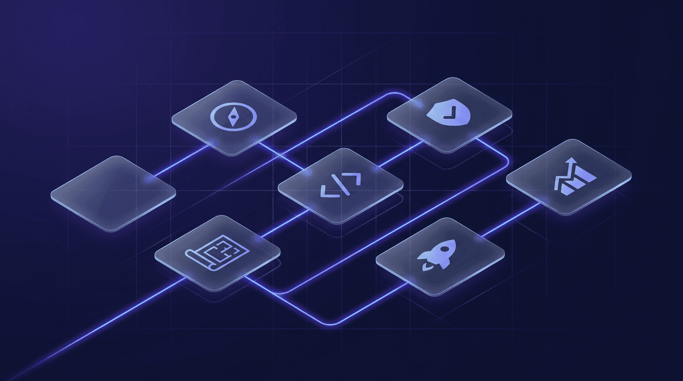 Ilustración abstracta de un pipeline de desarrollo de software con tarjetas de cristal conectadas representando cada fase del proceso